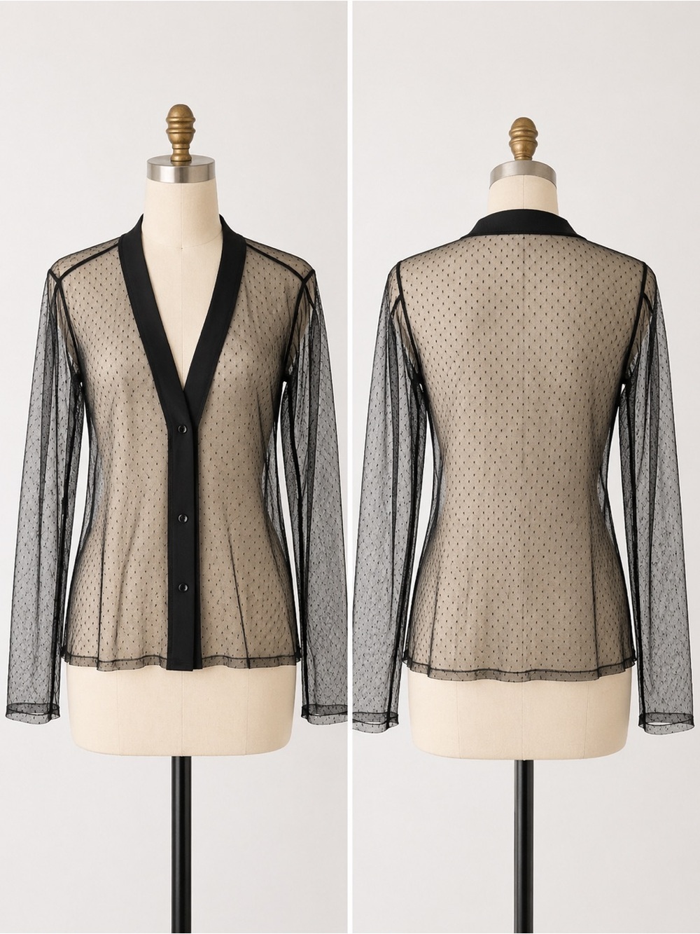 Black Sheer Mesh Tulle Dainty Polka Dot Lace V-Neck Cardigan Y2K Romantic Sz M/L